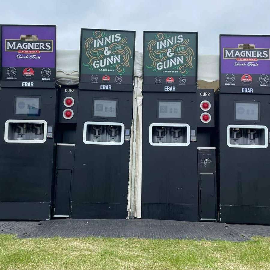 Six mobile EBars stand ready to pour Orchard Pig cider, Magners Dark Fruit cider and Innis & Gunn lager