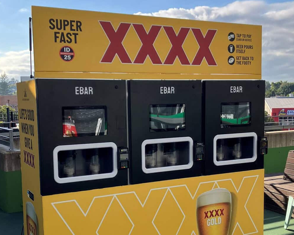 An example of the EBar automated beer kiosk, in 3-unit Mobile Beerwall form, at The Gabba, Australia