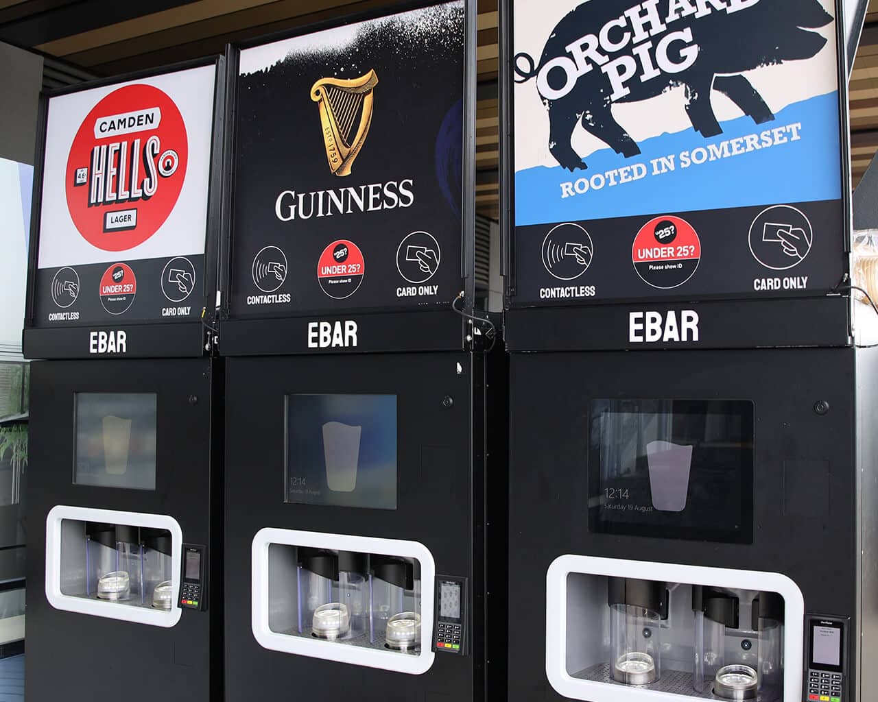 Three mobile EBars with branding for Camden Hells lager, Guinness and Orchard Pig cider